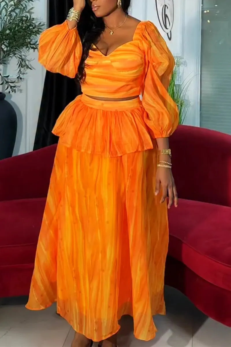 Women V-neck Top+ Splicing Half Skirt Elegant Casual Set