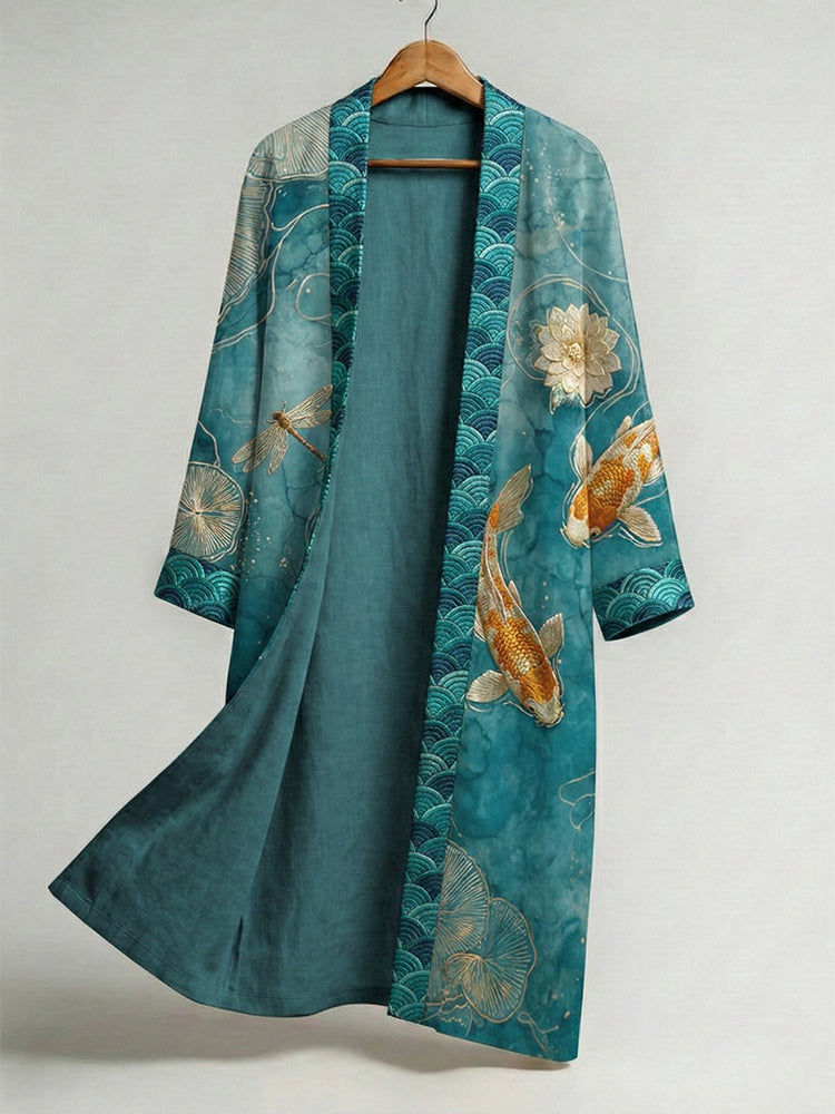Men's Retro Fish Art Print Linen Long Kimono
