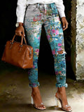 Women's Vintage Gradient Rose Art Ripped Skinny Jeans