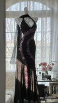 Black Shiny Vintage Elegant Romantic Delicate Pink Floral Beading Long Chiffon Homecoming Ball Gown Evening Dress Birthday/Wedding Guest/Holiday Party Dress Prom Dress