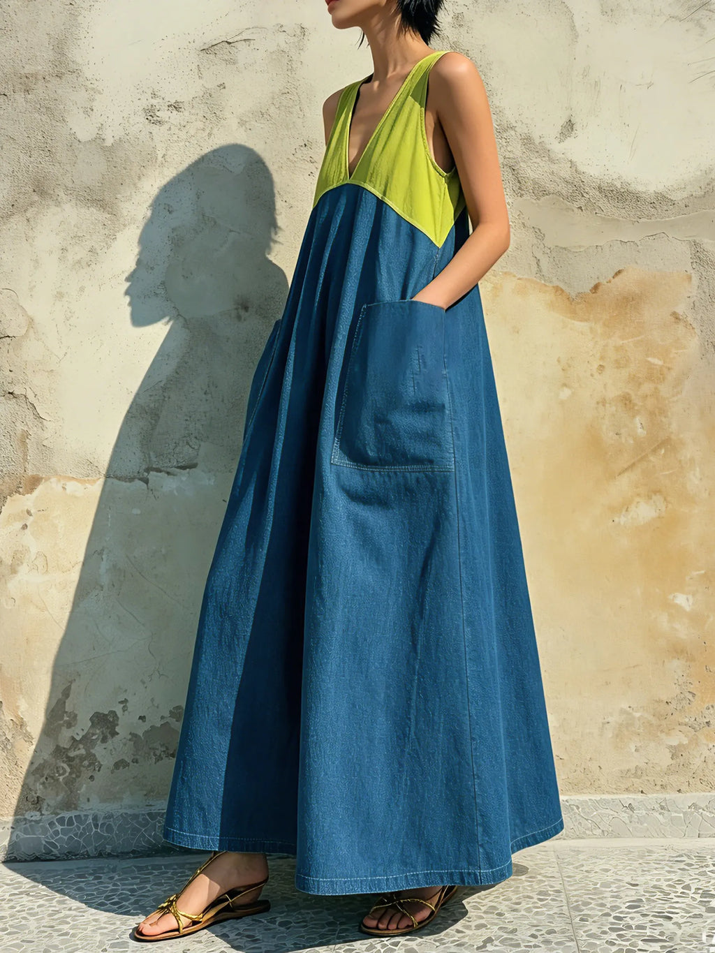 Blue & Green Colorblock Tencel Denim Sleeveless Maxi Dress