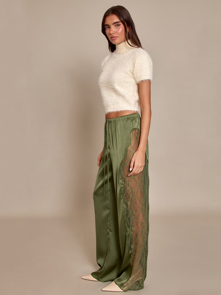 Deep Olive Satin Lace-Trim Drawstring Pants