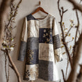 Women's Japanese Floral Patchwork Art Linen Round-neck Dress