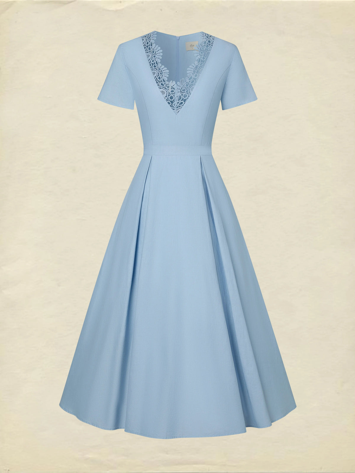 Maxi Linen Dress, Short Sleeves, V Neck, Plain, Lace, Vintage, Blue