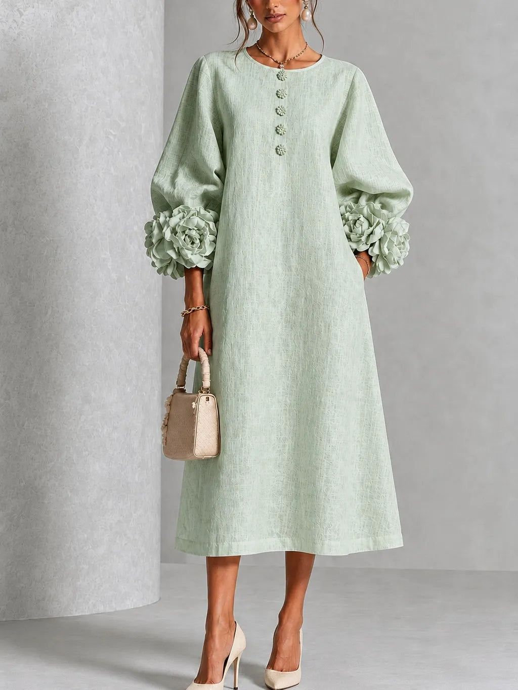 Sage Mist Floral Button-down Midi Dress With Striking Floral Cuffs