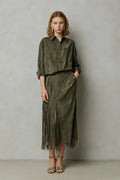 Women's Olive Green Suede Button-Up Shirt & Fringe Midi Skirt Co-ord Set