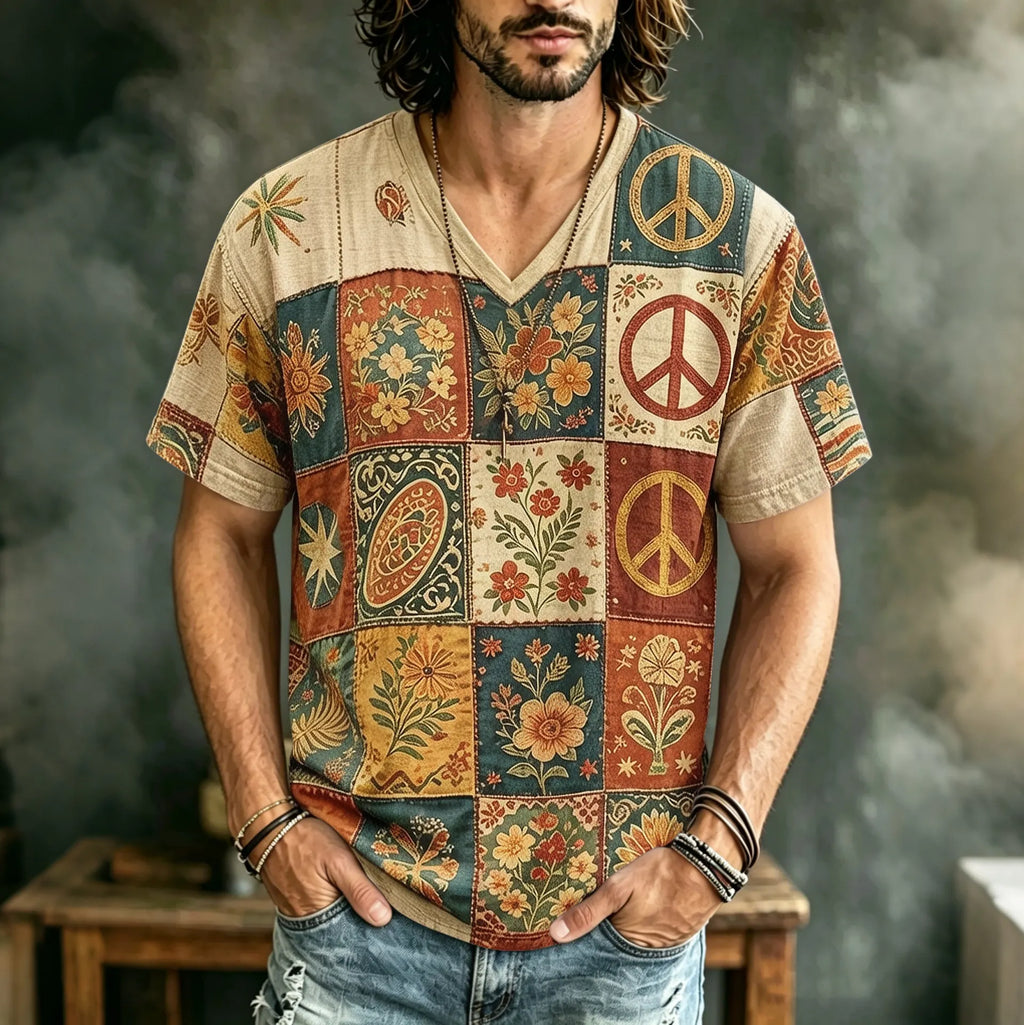 Men's Retro Hippie Floral Pattern Print T-shirt