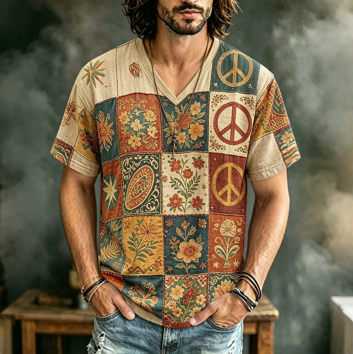 Men's Retro Hippie Floral Pattern Print T-shirt