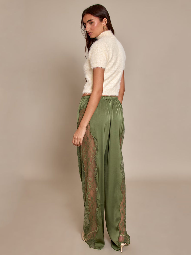 Deep Olive Satin Lace-Trim Drawstring Pants