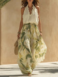 Tropical Garden Halter Leaf Print Wide-Leg Set