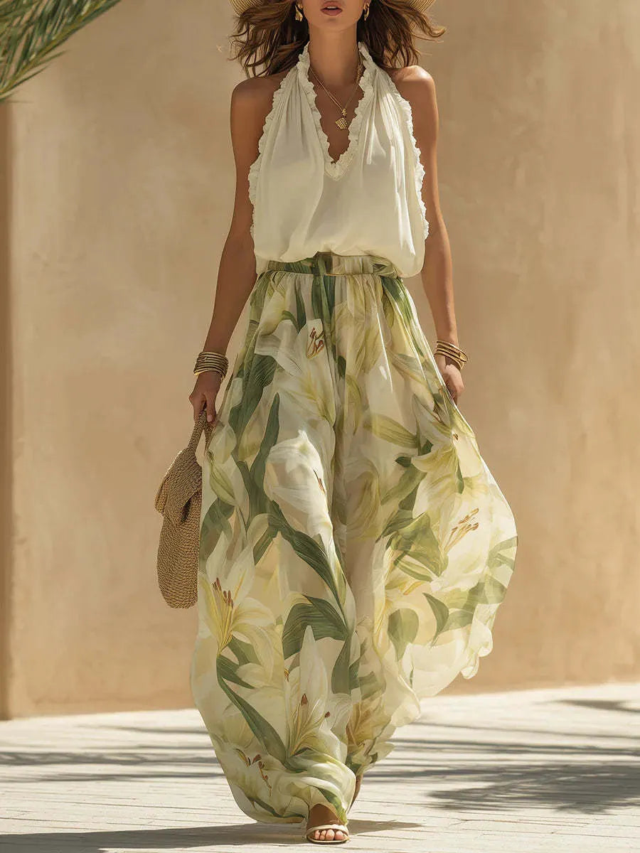 Tropical Garden Halter Leaf Print Wide-Leg Set