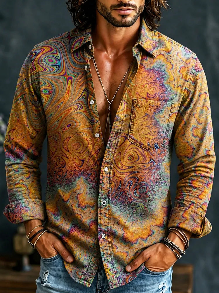Men's Hippie Retro Abstract Tie Dye Art Print Linen Shirt