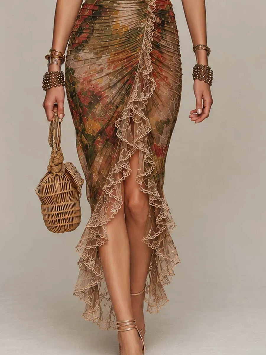Vintage Floral Lace-Trimmed Mesh Midi Dress