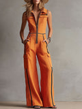 Casual Retro Color-blocked Orange Cotton Linen Sleeveless Jumpsuit