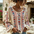 Women's Vintage Boho Floral Art Print Linen Blend T-shirt