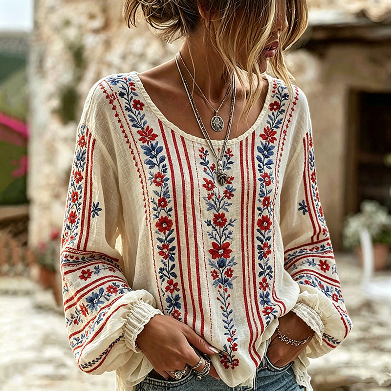 Women's Vintage Boho Floral Art Print Linen Blend T-shirt