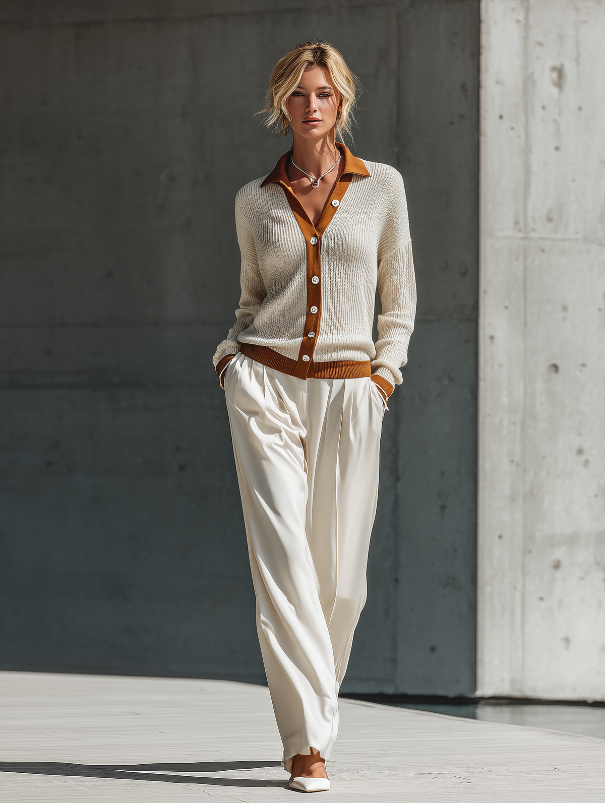 Women's Cream Rust Color Block Collared Button Front Ribbed Knit Long Sleeve Top MDZ2211G7YZJ