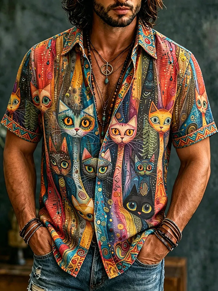 Men's Retro Hippie With Ctue Cat Art Pattern Casual Washed Shirt
