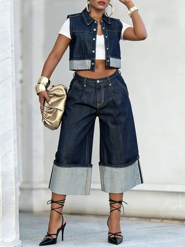 Casual Plain Shawl Collar Soft Tencel Denim Vest