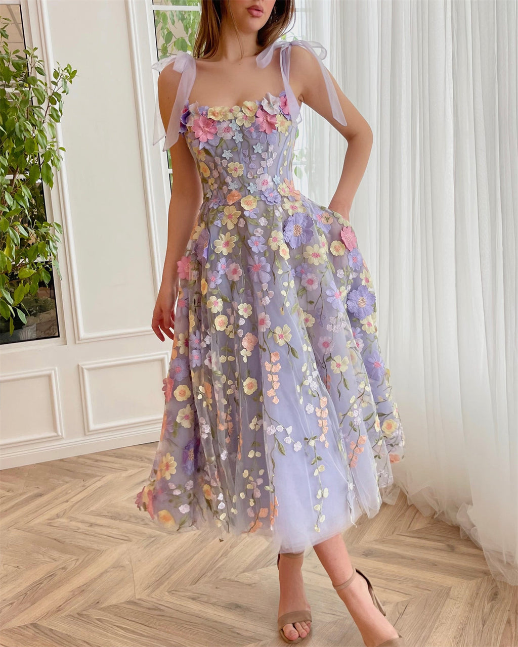 Women's Purple Sling Flower Embroidery Dress