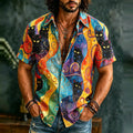 Men's Retro Hippie With Black Cat Art Pattern Casual Washed Shirt