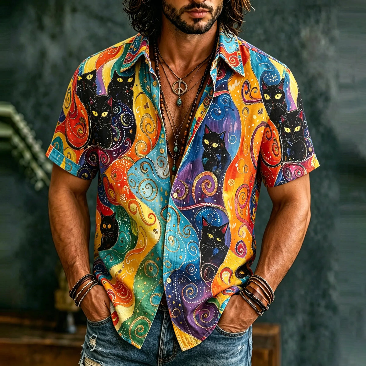 Men's Retro Hippie With Black Cat Art Pattern Casual Washed Shirt