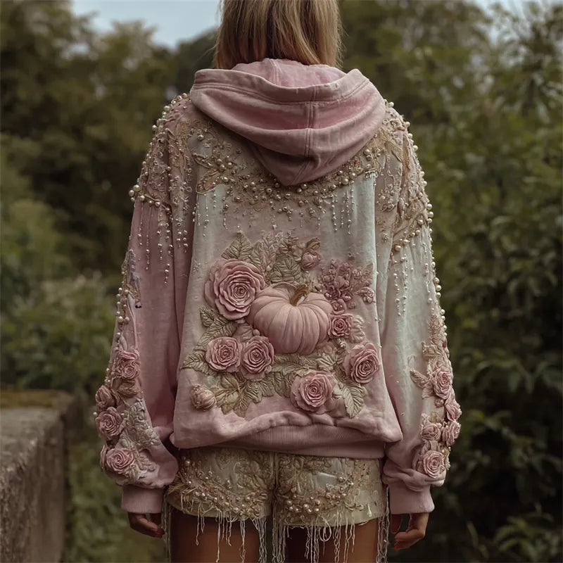Vintage Thanksgiving Pink Pumpkin & Roses Beaded Dyed Hoodie