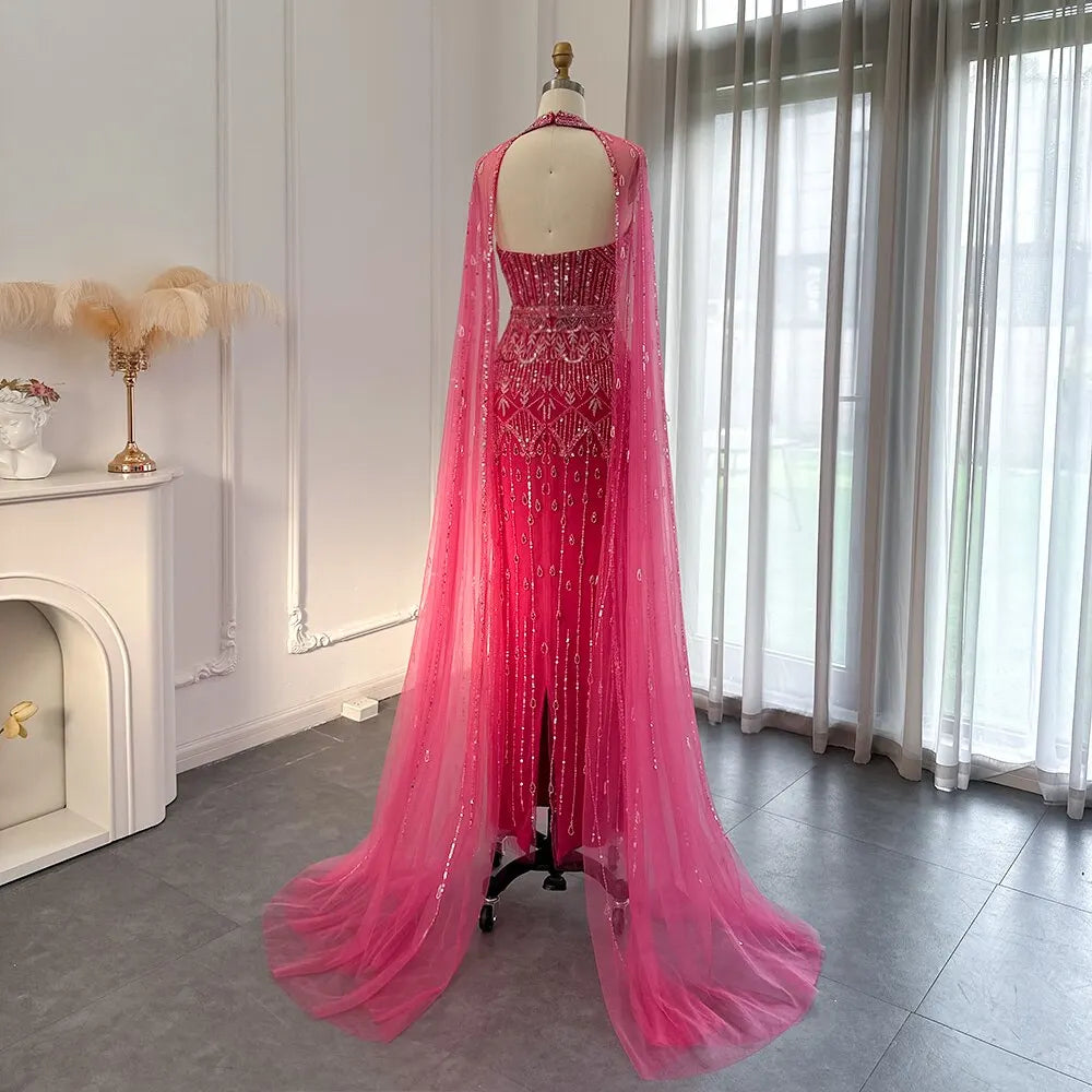 DreamyVow  Luxury Dubai Mermaid Pink Evening Dresses with Cape Sleeves 2023 Arabic Women Wedding Guest Formal Party Gowns 361