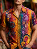 Men's Peace Symbol And Floral Art Hippie Embroidered Casual Short Sleeve Shirt