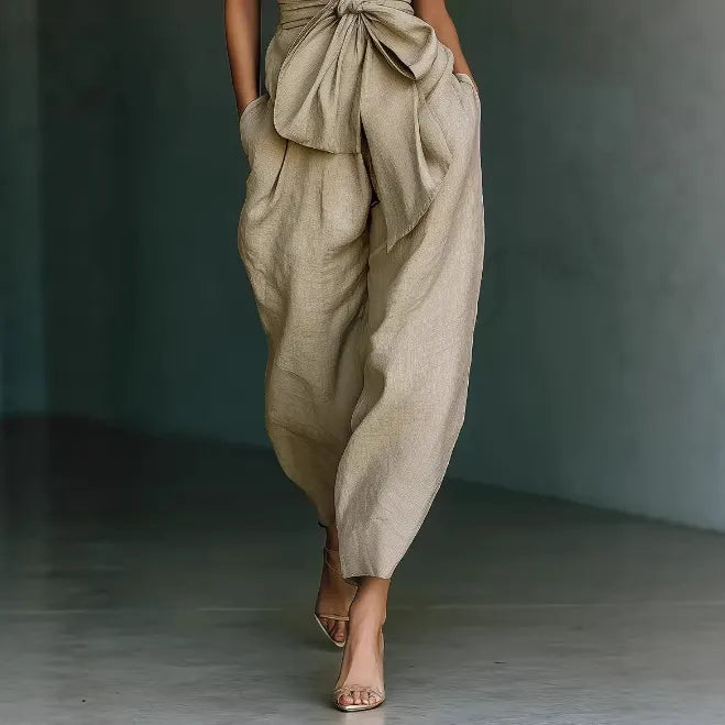 Momocco Elegant Knot-Waist Sleeveless Jumpsuit - Tailored V-Neck Wide Leg One-Piece
