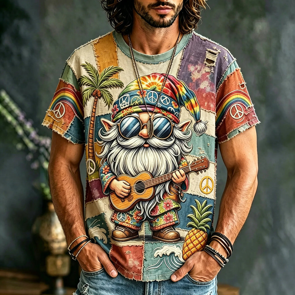 Men's Hippie Guitar Patchwork Print Short-sleeve Linen T-shirt