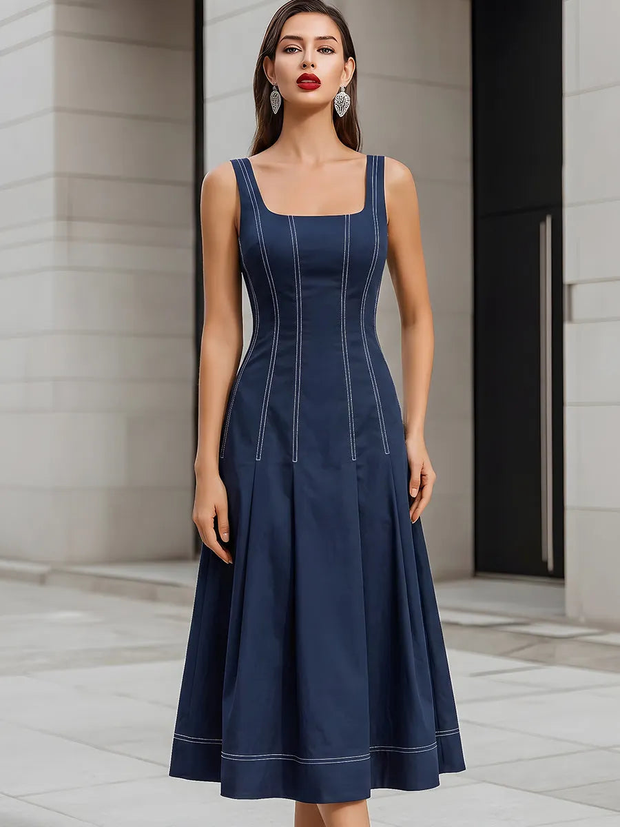 Contrast Stitch Sleeveless Square Neck Midi Fit-and-Flare Dress