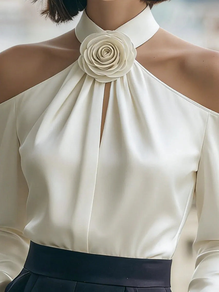 Luxury Satin Cold-Shoulder Blouse With 3D Rose Choker Neckline