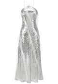 Halter Ruffle Detail Sequin Maxi Dress Silver