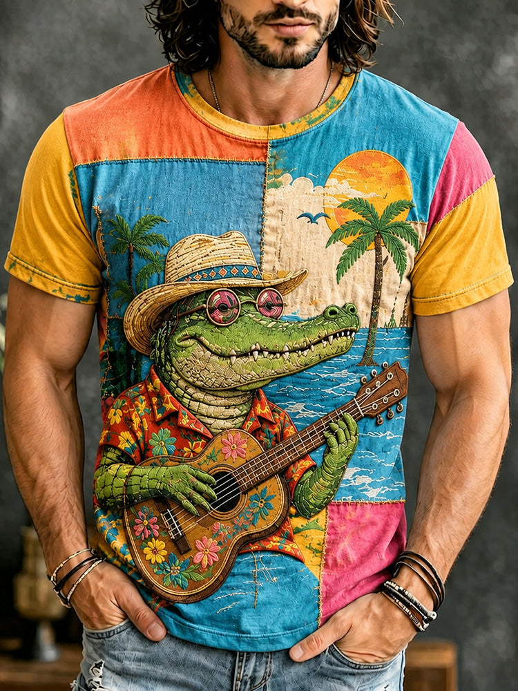 Men's Retro Retro Hippie Crocodile Art Print Crew Neck Short Sleeve T-shirt