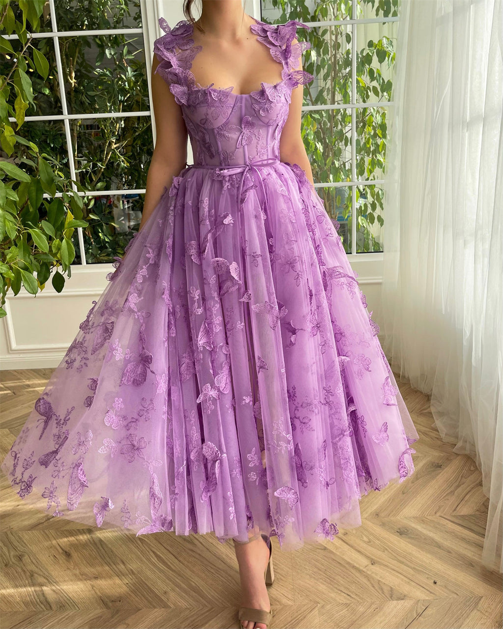 Women's Purple Sling Flower Embroidery Dress - 01