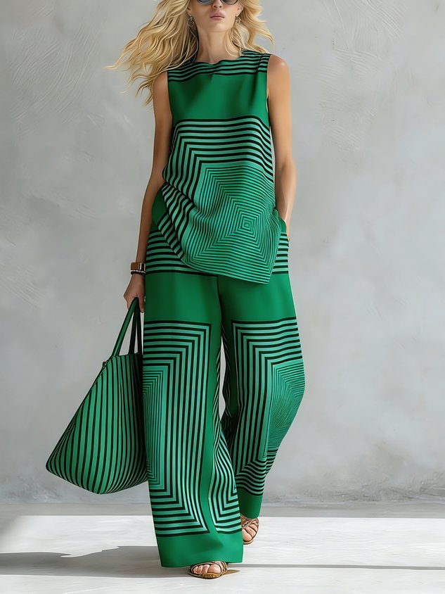 Urban Geometric Stripe Wide Leg Pants High Waist Flowy Office Trousers