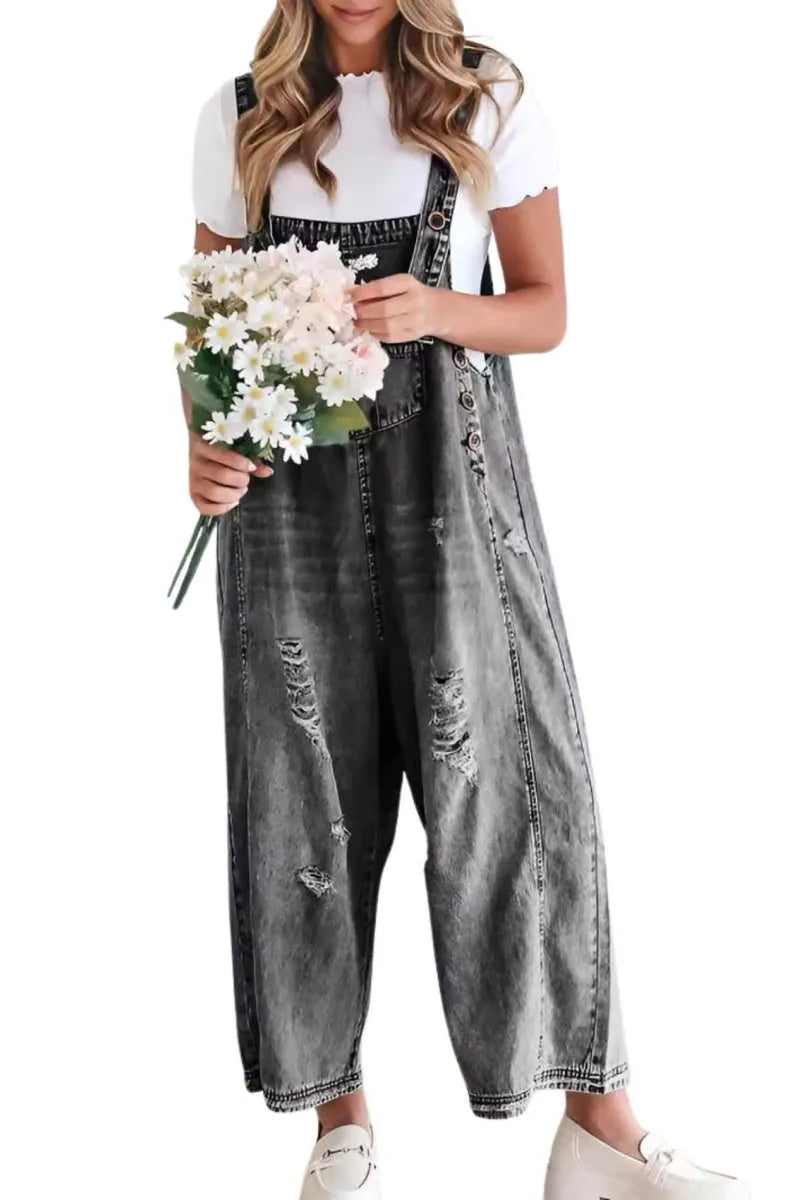 Women's Casual Adjustable Straps Denim Bib Overalls Distressed Ripped Wide Leg Jeans Long Pants Jumpsuits