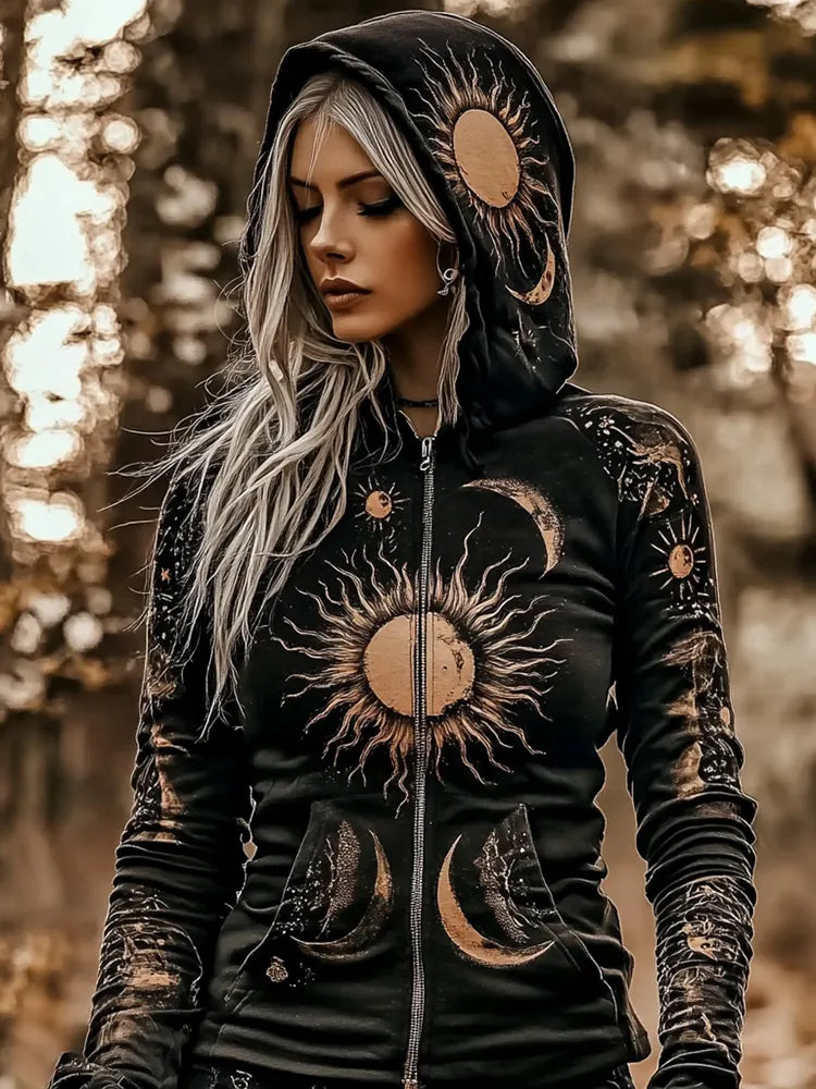 Vintage Mystical Tribal Stars And Moon Print Women's Zip Hoodie Jacket