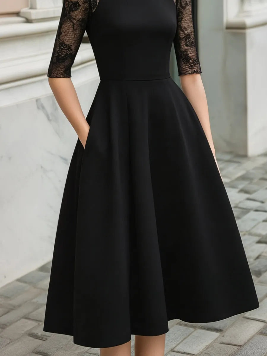 Lace Sleeve High Neck Fit-and-Flare Midi Dress