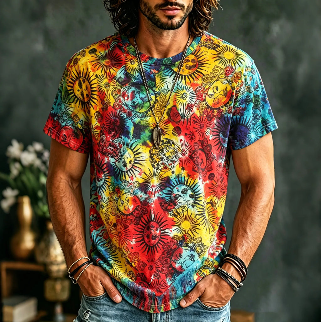 Men's Retro Tie-dye Sun And Moon Design Cotton Linen Crew Neck Short Sleeve T-shirt