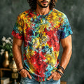 Men's Retro Tie-dye Sun And Moon Design Cotton Linen Crew Neck Short Sleeve T-shirt