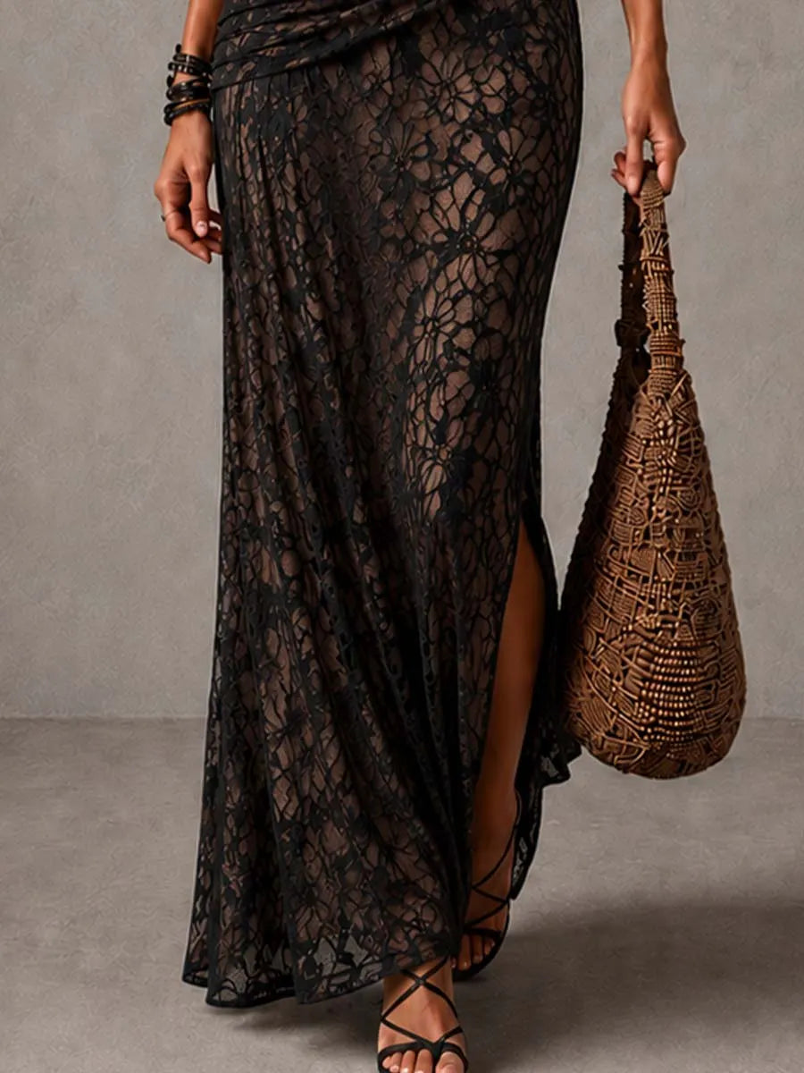 Vintage Black Floral Lace Ruched High Slit Maxi Dress