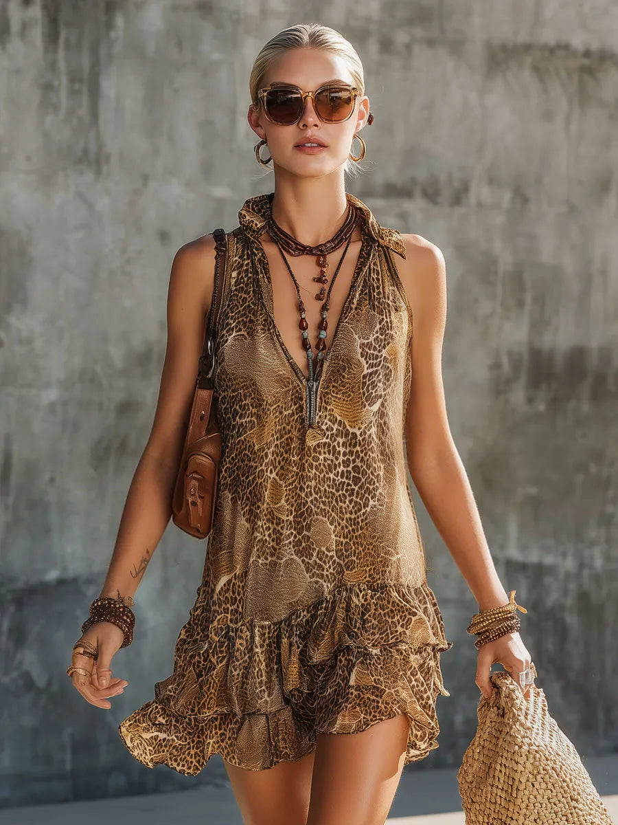Vacation Retro Brown Chiffon Leopard Print Sleeveless Ruffle Mini Dress