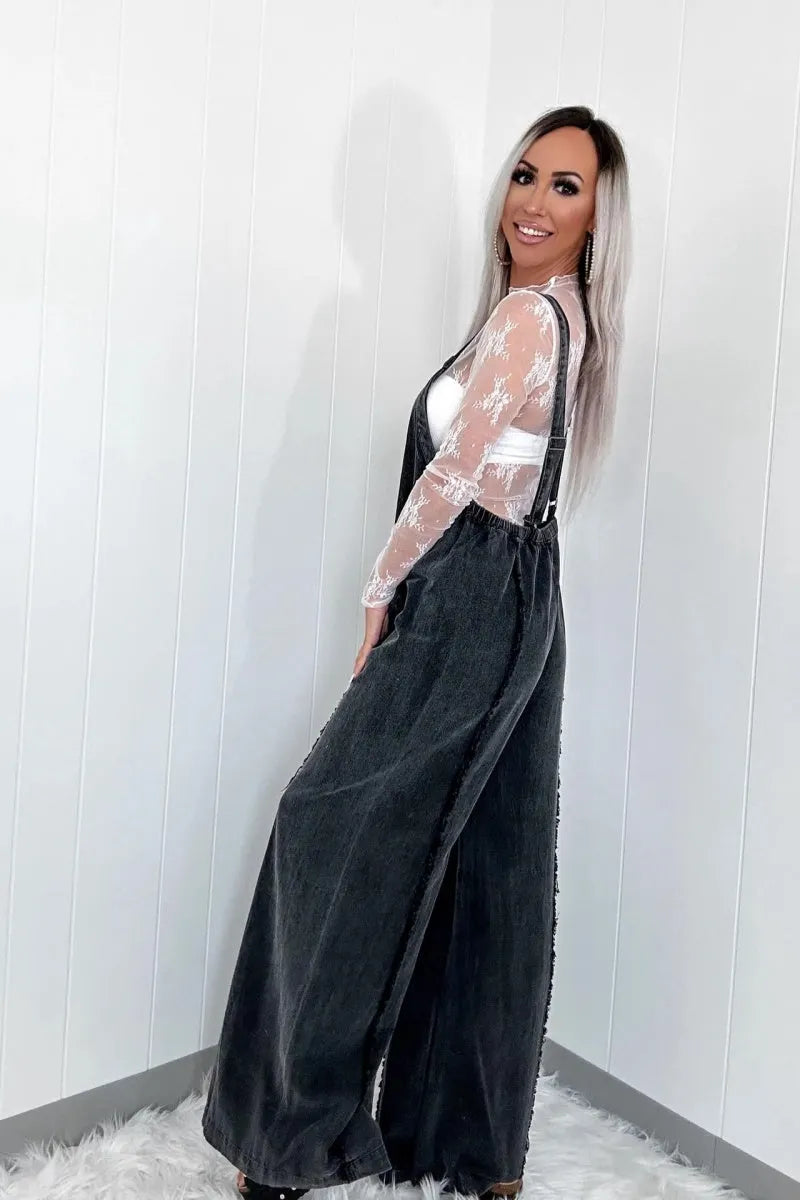 Denim Overalls for Women Casual Adjustable Straps Wide Leg Raw Hem Jeans Bib Overalls Jumpsuits