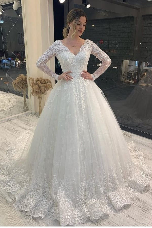 Daisda Classy Long Sleeve V-neck Backless Tulle A-Line Wedding Dress With Appliques Lace