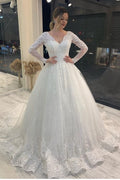 Daisda Classy Long Sleeve V-neck Backless Tulle A-Line Wedding Dress With Appliques Lace