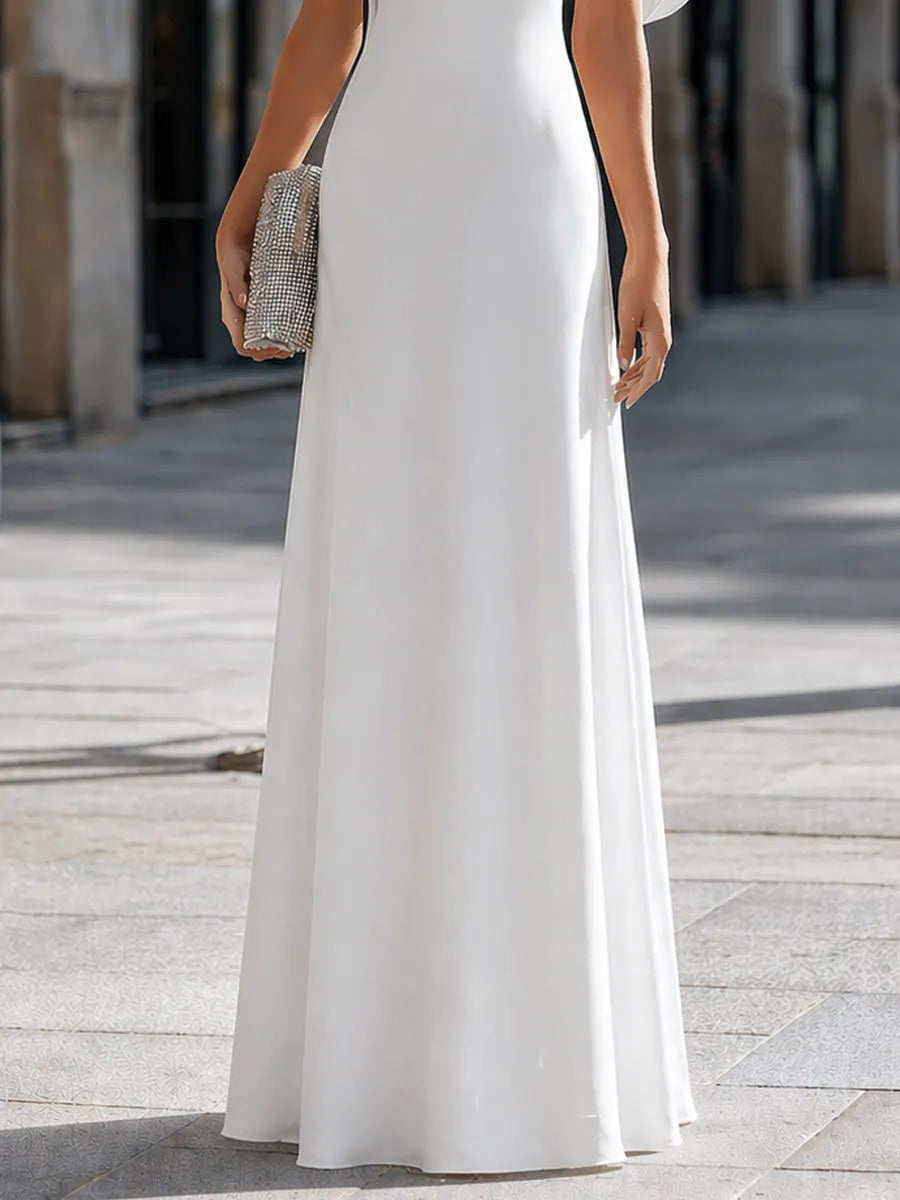 Draped Off-Shoulder Asymmetric Cape Sleeve Maxi Dress