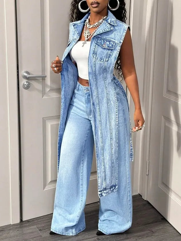 Casual Pockets Plain Lapel Collar Denim Vest