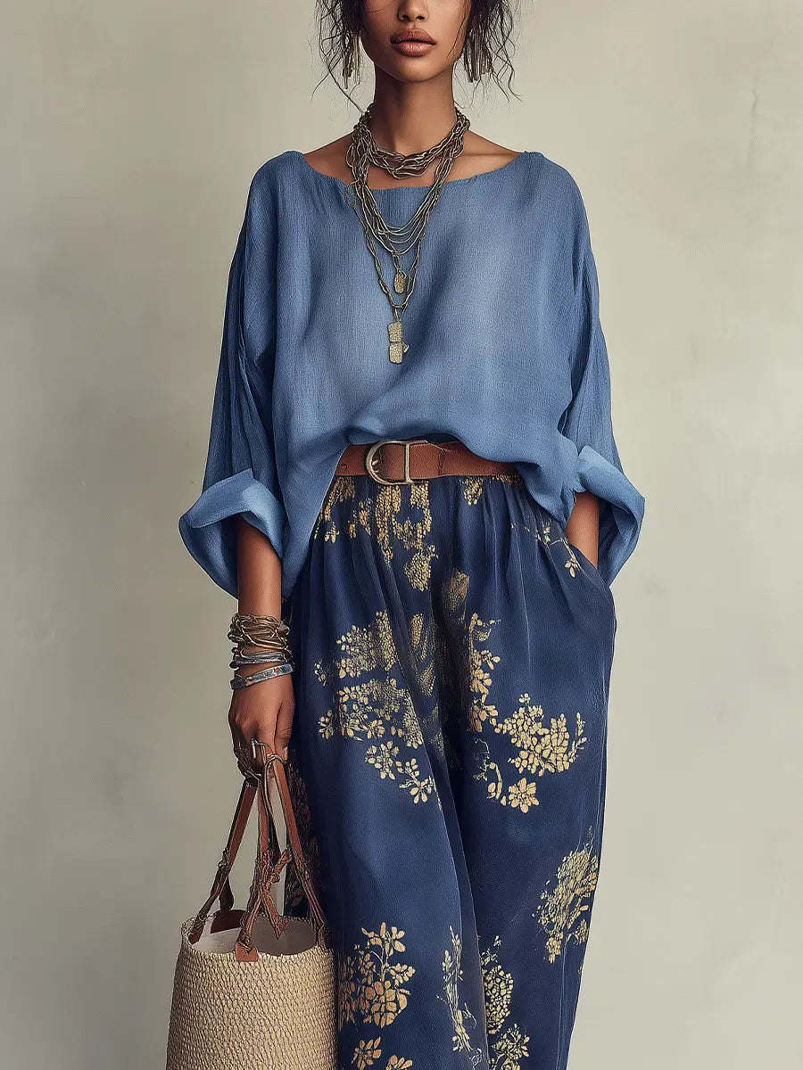 Blue Oversized Top & Floral Print Maxi Skirt Two-Piece Set